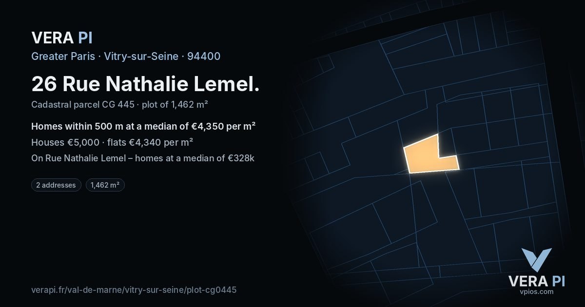 26 Rue Nathalie Lemel, Vitry-sur-Seine at night – the plot lit, the parcels around coloured by the prices near them