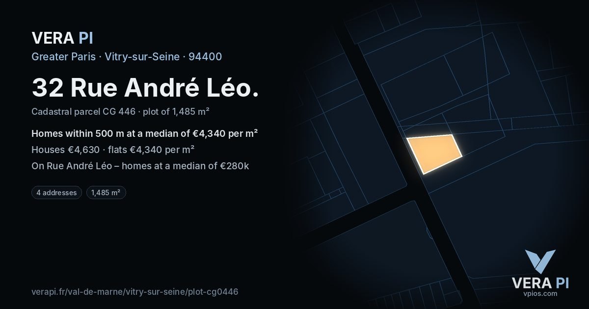 32 Rue André Léo, Vitry-sur-Seine at night – the plot lit, the parcels around coloured by the prices near them