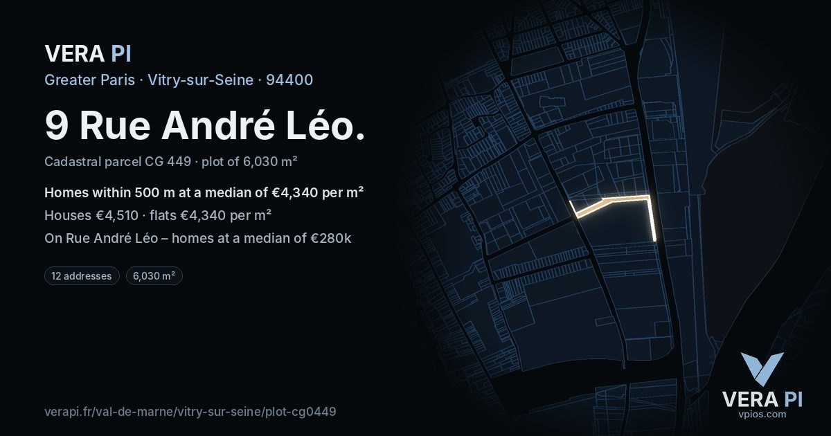 9 Rue André Léo, Vitry-sur-Seine at night – the plot lit, the parcels around coloured by the prices near them