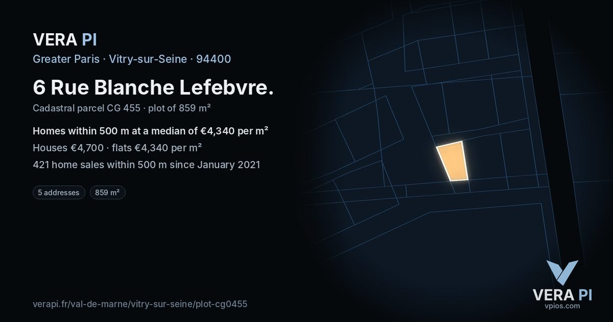 6 Rue Blanche Lefebvre, Vitry-sur-Seine at night – the plot lit, the parcels around coloured by the prices near them
