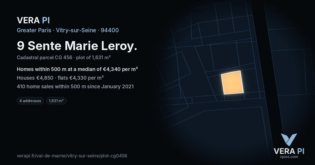 9 Sente Marie Leroy, Vitry-sur-Seine at night – the plot lit, the parcels around coloured by the prices near them