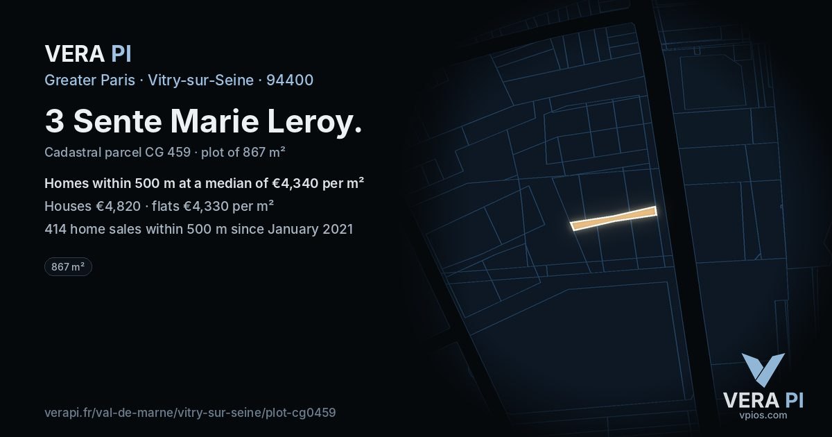 3 Sente Marie Leroy, Vitry-sur-Seine at night – the plot lit, the parcels around coloured by the prices near them