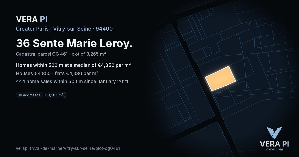 36 Sente Marie Leroy, Vitry-sur-Seine at night – the plot lit, the parcels around coloured by the prices near them