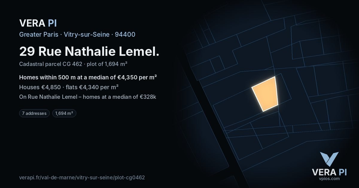 29 Rue Nathalie Lemel, Vitry-sur-Seine at night – the plot lit, the parcels around coloured by the prices near them