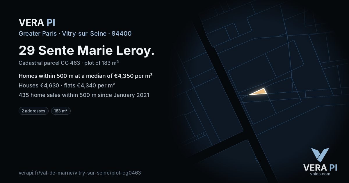 29 Sente Marie Leroy, Vitry-sur-Seine at night – the plot lit, the parcels around coloured by the prices near them