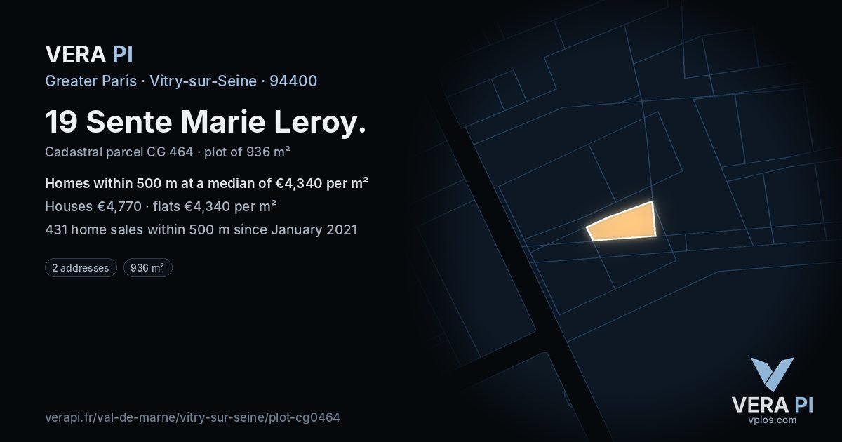 19 Sente Marie Leroy, Vitry-sur-Seine at night – the plot lit, the parcels around coloured by the prices near them