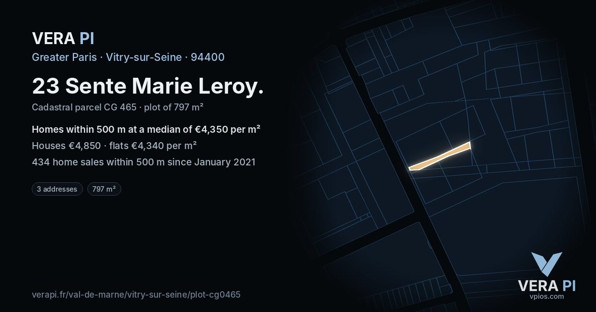 23 Sente Marie Leroy, Vitry-sur-Seine at night – the plot lit, the parcels around coloured by the prices near them