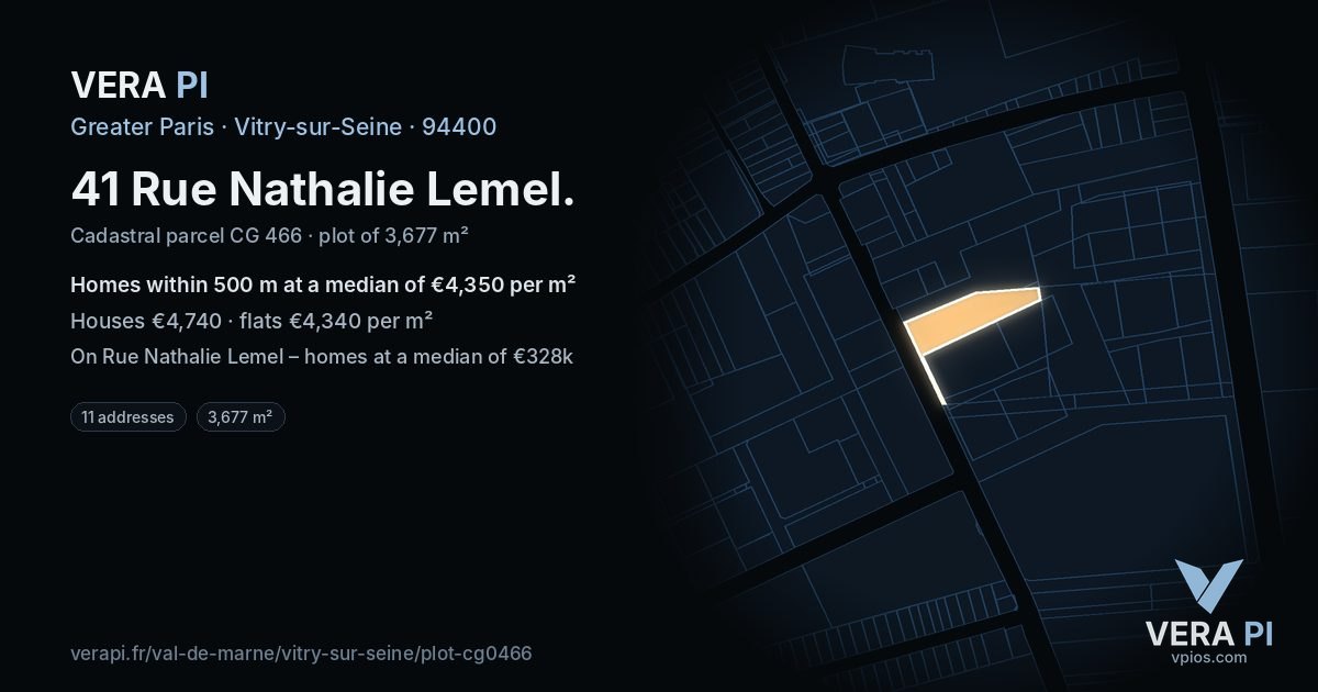 41 Rue Nathalie Lemel, Vitry-sur-Seine at night – the plot lit, the parcels around coloured by the prices near them