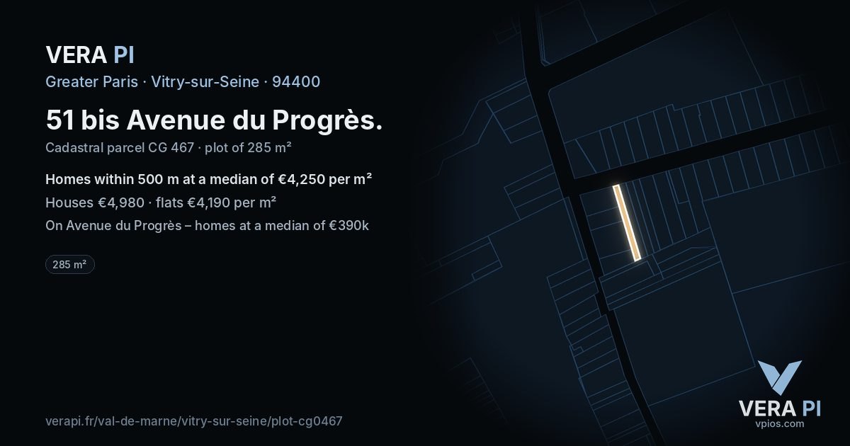 51 bis Avenue du Progrès, Vitry-sur-Seine at night – the plot lit, the parcels around coloured by the prices near them