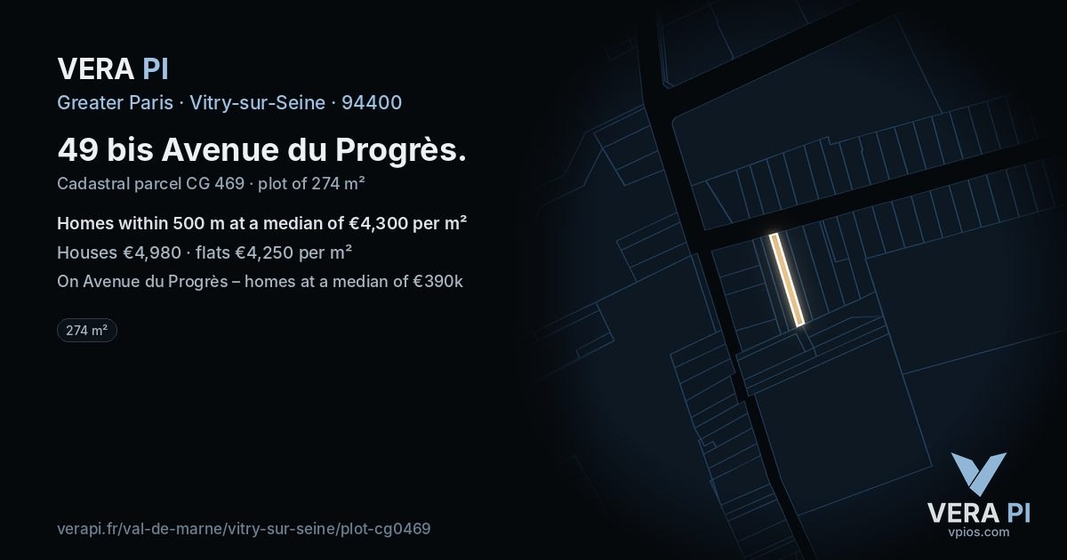 49 bis Avenue du Progrès, Vitry-sur-Seine at night – the plot lit, the parcels around coloured by the prices near them
