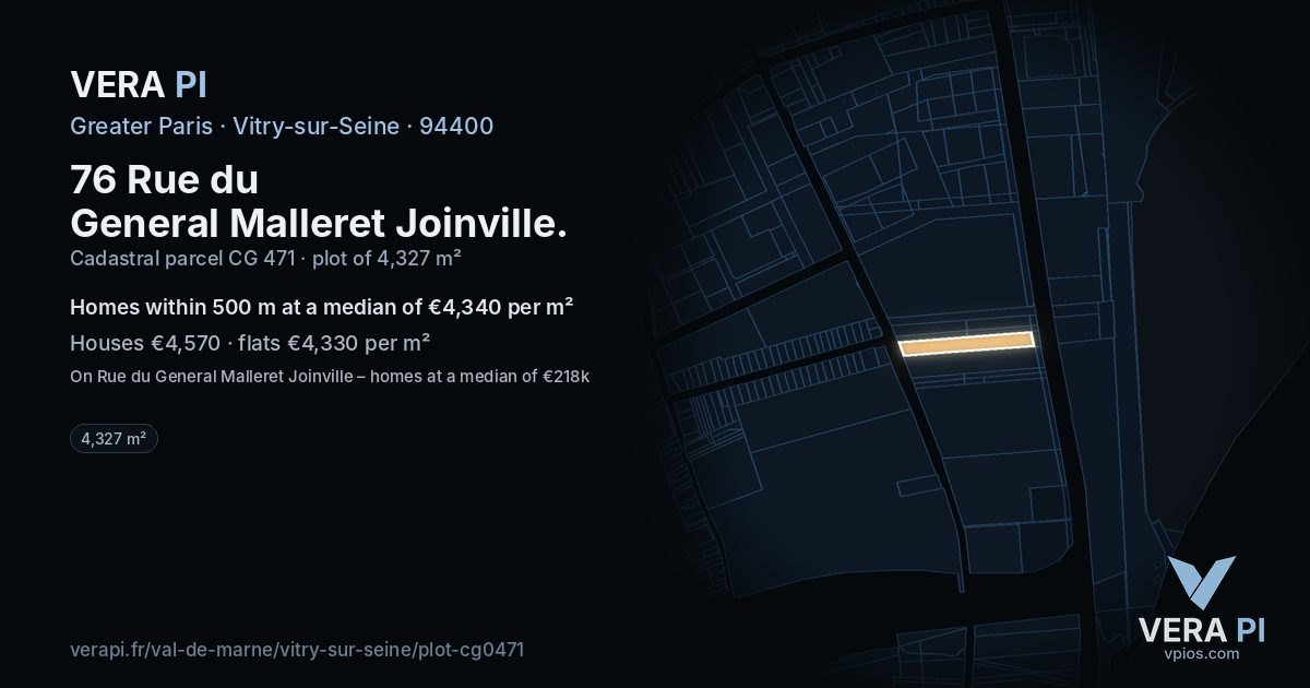 76 Rue du General Malleret Joinville, Vitry-sur-Seine at night – the plot lit, the parcels around coloured by the prices near them