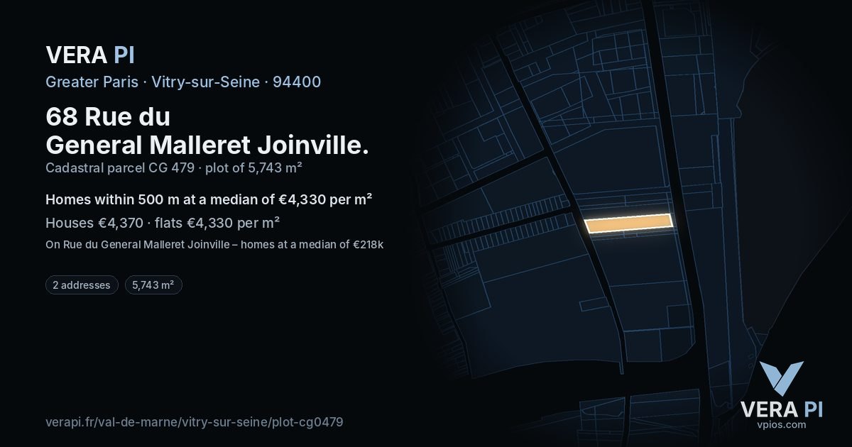 68 Rue du General Malleret Joinville, Vitry-sur-Seine at night – the plot lit, the parcels around coloured by the prices near them