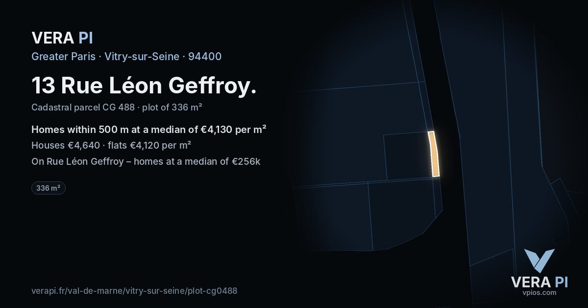 13 Rue Léon Geffroy, Vitry-sur-Seine at night – the plot lit, the parcels around coloured by the prices near them