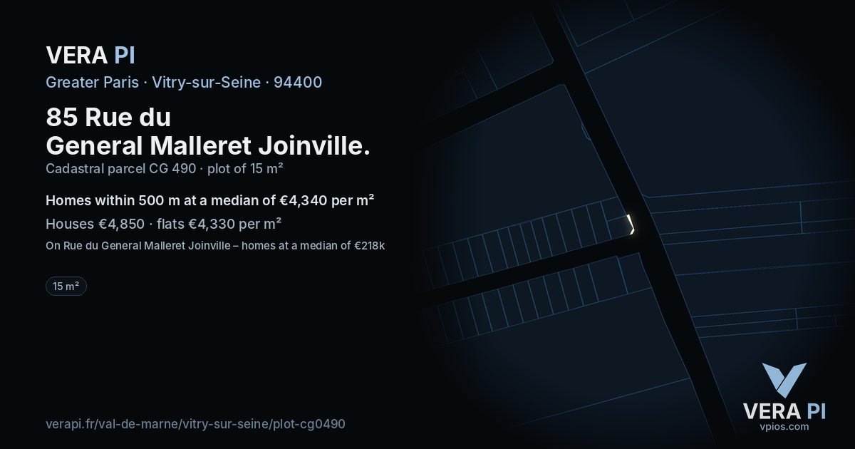85 Rue du General Malleret Joinville, Vitry-sur-Seine at night – the plot lit, the parcels around coloured by the prices near them