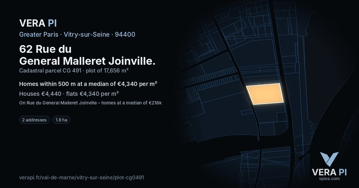 62 Rue du General Malleret Joinville, Vitry-sur-Seine at night – the plot lit, the parcels around coloured by the prices near them