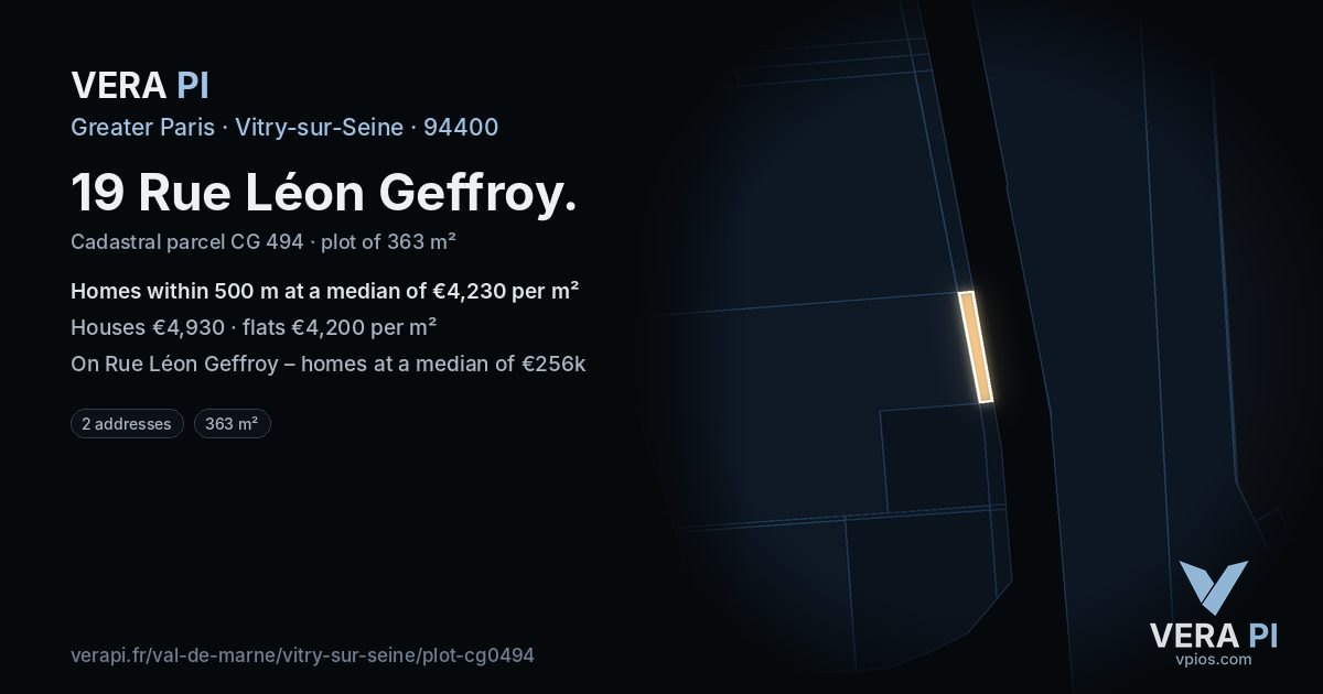 19 Rue Léon Geffroy, Vitry-sur-Seine at night – the plot lit, the parcels around coloured by the prices near them