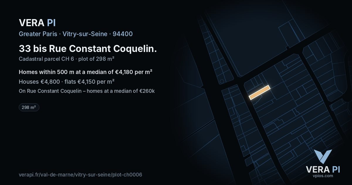 33 bis Rue Constant Coquelin, Vitry-sur-Seine at night – the plot lit, the parcels around coloured by the prices near them
