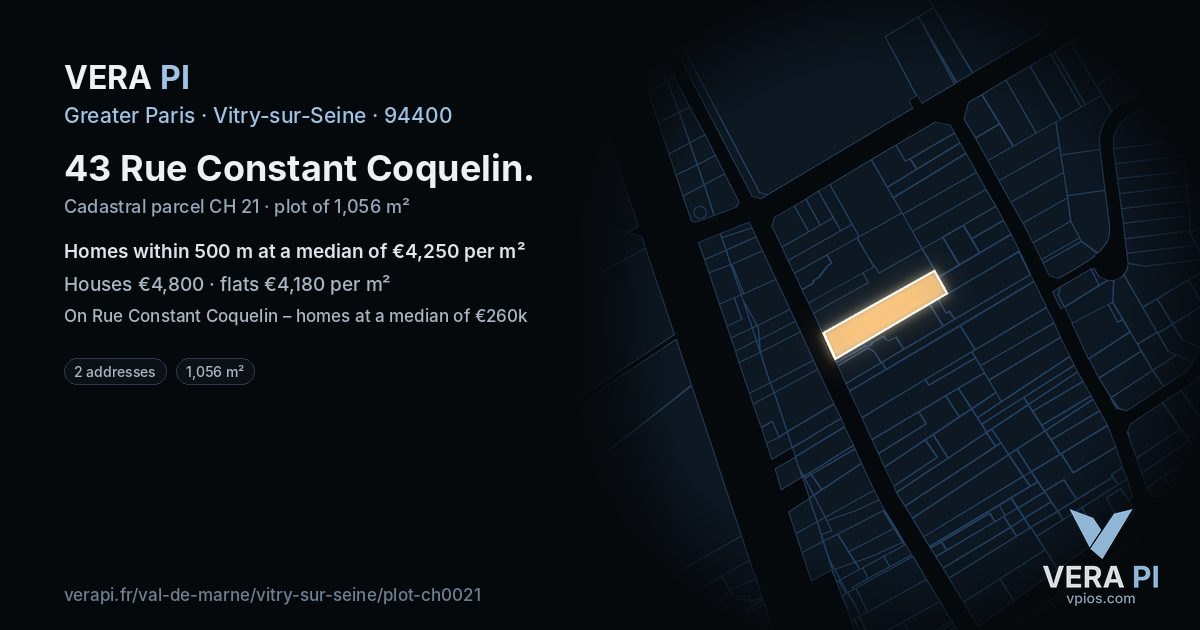 43 Rue Constant Coquelin, Vitry-sur-Seine at night – the plot lit, the parcels around coloured by the prices near them