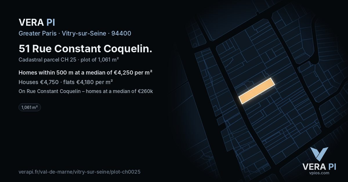 51 Rue Constant Coquelin, Vitry-sur-Seine at night – the plot lit, the parcels around coloured by the prices near them