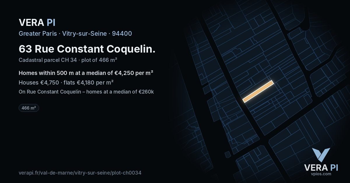 63 Rue Constant Coquelin, Vitry-sur-Seine at night – the plot lit, the parcels around coloured by the prices near them