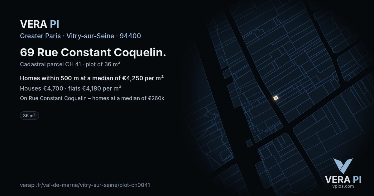 69 Rue Constant Coquelin, Vitry-sur-Seine at night – the plot lit, the parcels around coloured by the prices near them