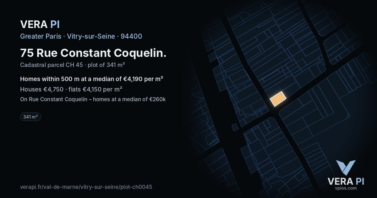 75 Rue Constant Coquelin, Vitry-sur-Seine at night – the plot lit, the parcels around coloured by the prices near them