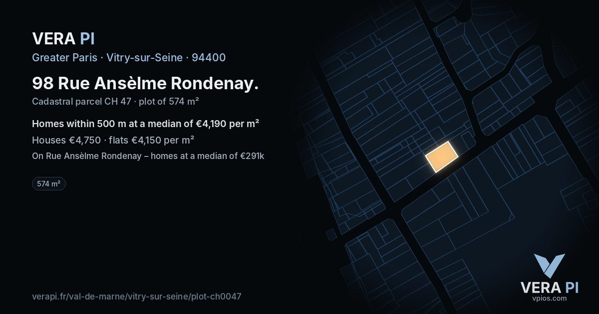 98 Rue Ansèlme Rondenay, Vitry-sur-Seine at night – the plot lit, the parcels around coloured by the prices near them