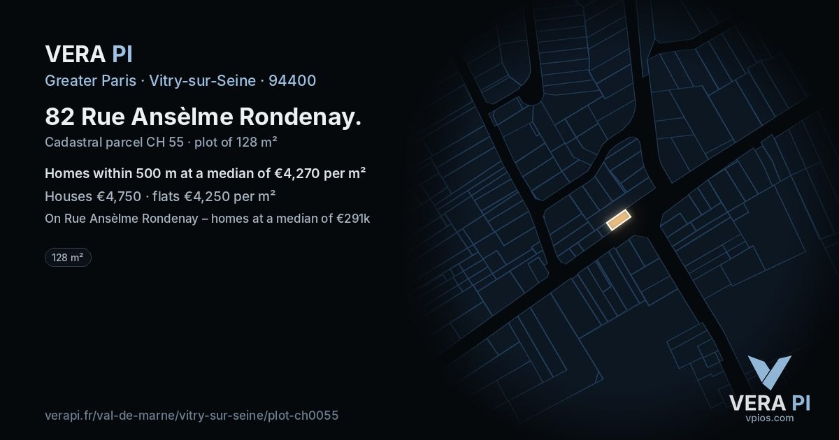 82 Rue Ansèlme Rondenay, Vitry-sur-Seine at night – the plot lit, the parcels around coloured by the prices near them