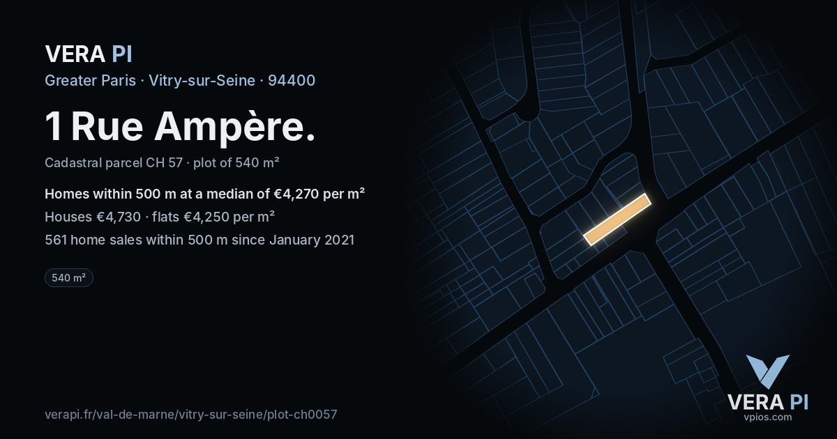 1 Rue Ampère, Vitry-sur-Seine at night – the plot lit, the parcels around coloured by the prices near them