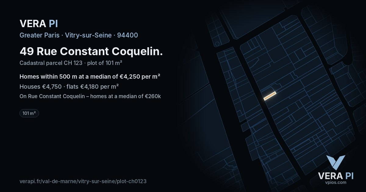 49 Rue Constant Coquelin, Vitry-sur-Seine at night – the plot lit, the parcels around coloured by the prices near them