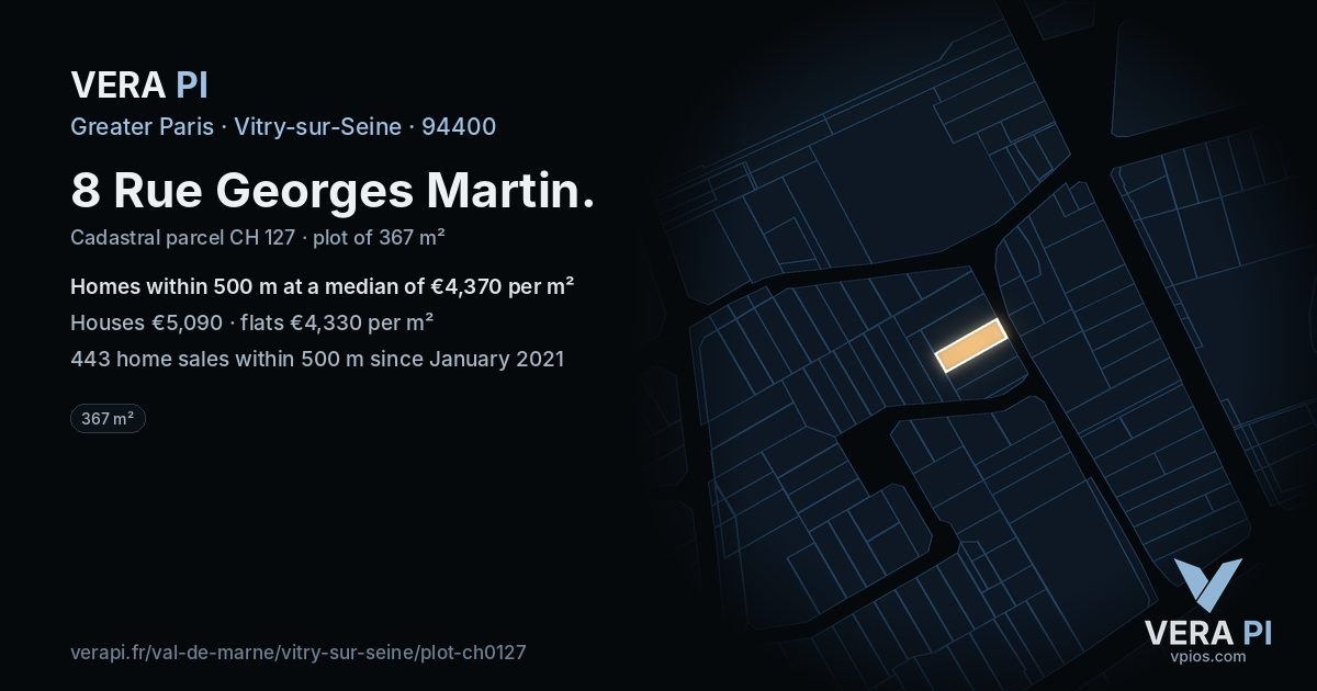 8 Rue Georges Martin, Vitry-sur-Seine at night – the plot lit, the parcels around coloured by the prices near them