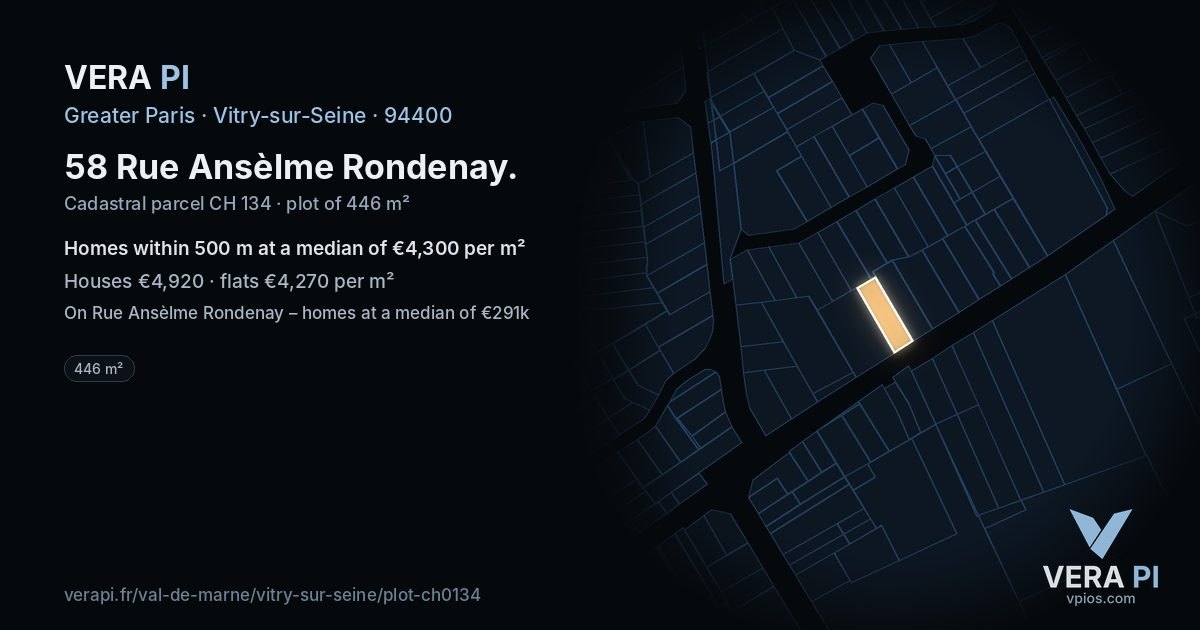 58 Rue Ansèlme Rondenay, Vitry-sur-Seine at night – the plot lit, the parcels around coloured by the prices near them