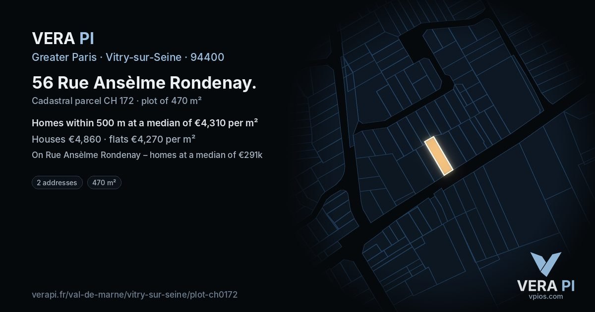 56 Rue Ansèlme Rondenay, Vitry-sur-Seine at night – the plot lit, the parcels around coloured by the prices near them