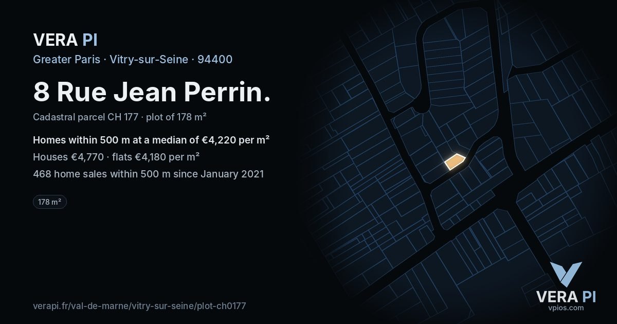 8 Rue Jean Perrin, Vitry-sur-Seine at night – the plot lit, the parcels around coloured by the prices near them