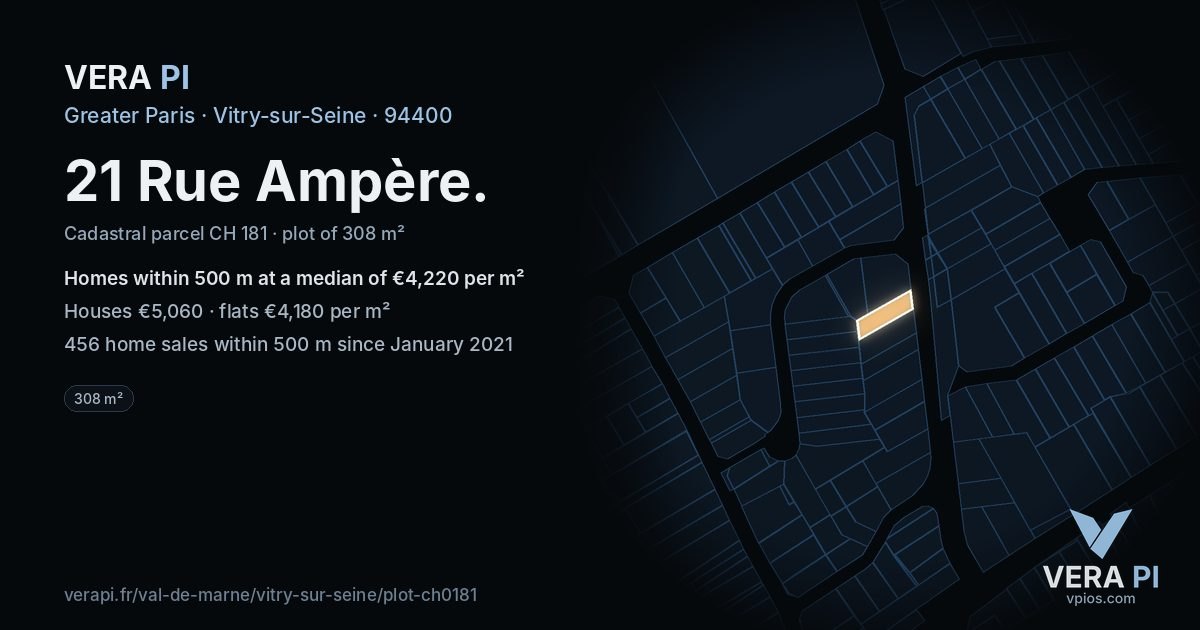 21 Rue Ampère, Vitry-sur-Seine at night – the plot lit, the parcels around coloured by the prices near them