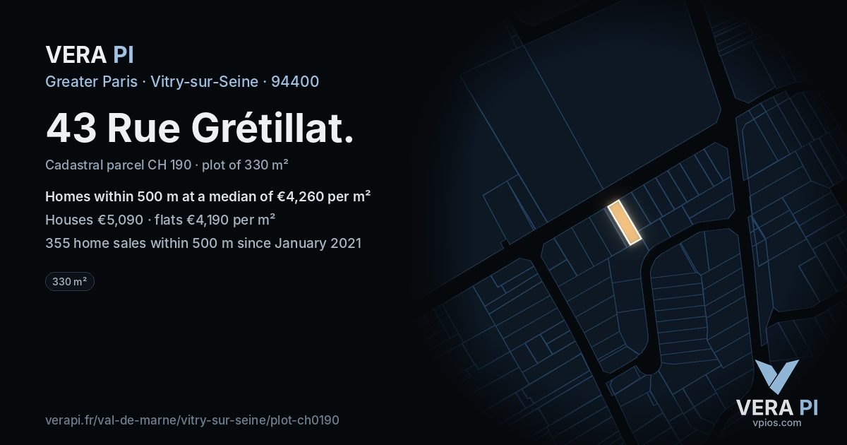 43 Rue Grétillat, Vitry-sur-Seine at night – the plot lit, the parcels around coloured by the prices near them