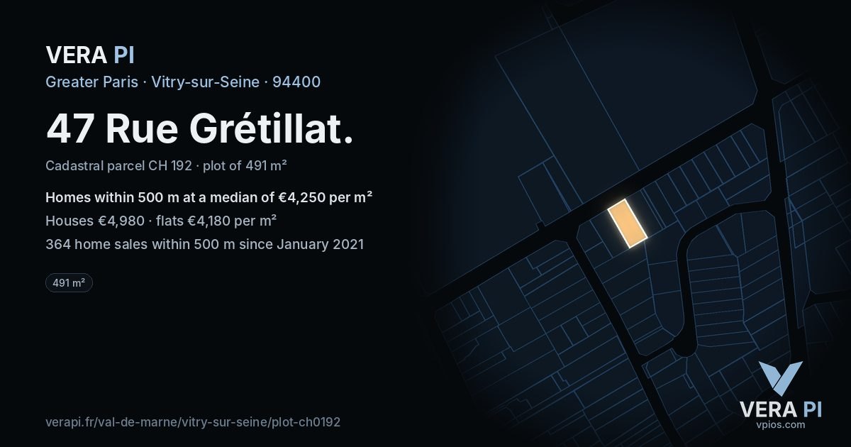 47 Rue Grétillat, Vitry-sur-Seine at night – the plot lit, the parcels around coloured by the prices near them