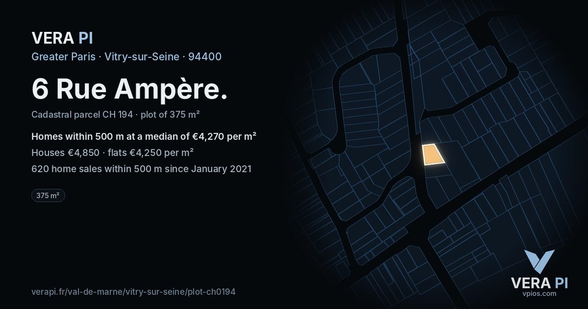 6 Rue Ampère, Vitry-sur-Seine at night – the plot lit, the parcels around coloured by the prices near them