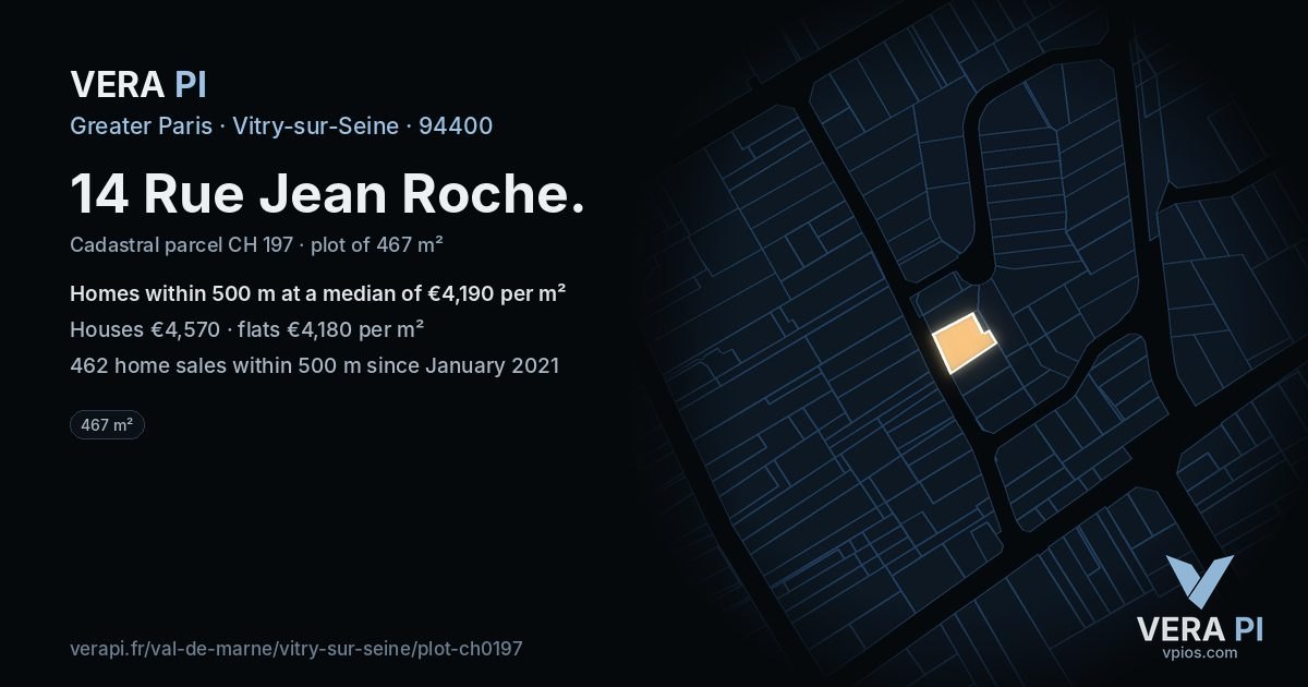 14 Rue Jean Roche, Vitry-sur-Seine at night – the plot lit, the parcels around coloured by the prices near them