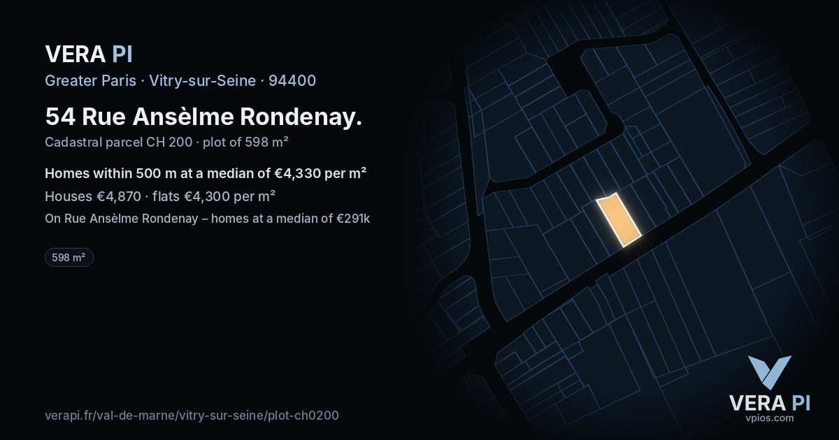 54 Rue Ansèlme Rondenay, Vitry-sur-Seine at night – the plot lit, the parcels around coloured by the prices near them