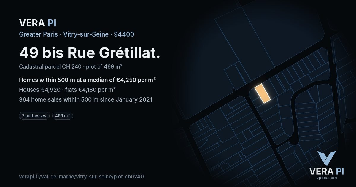 49 bis Rue Grétillat, Vitry-sur-Seine at night – the plot lit, the parcels around coloured by the prices near them