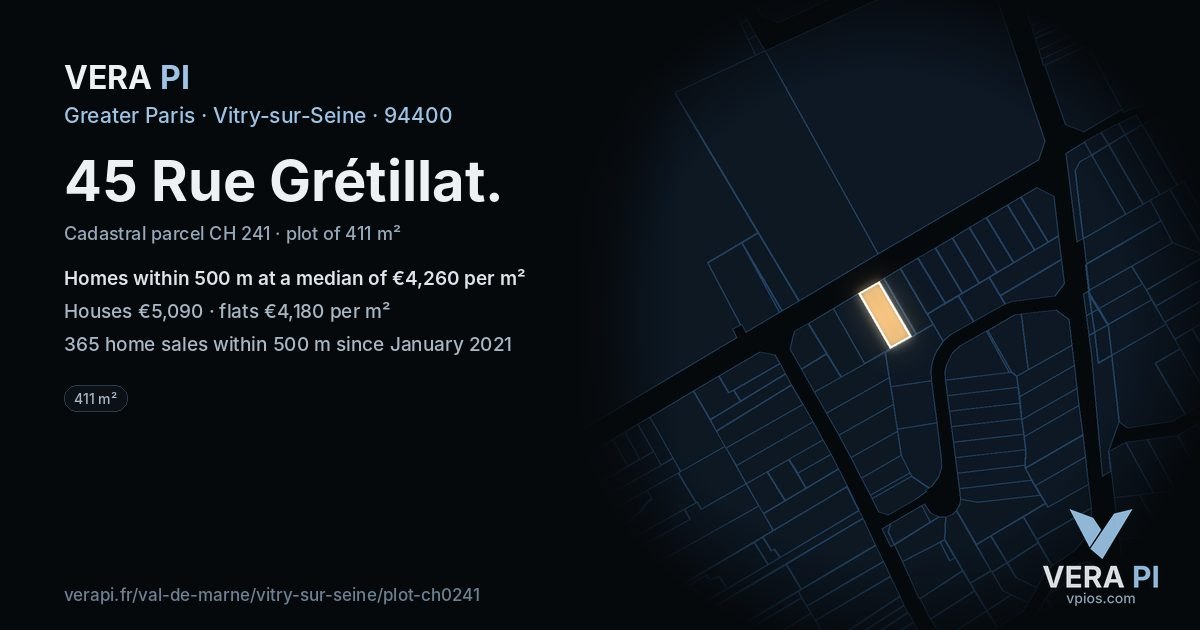 45 Rue Grétillat, Vitry-sur-Seine at night – the plot lit, the parcels around coloured by the prices near them