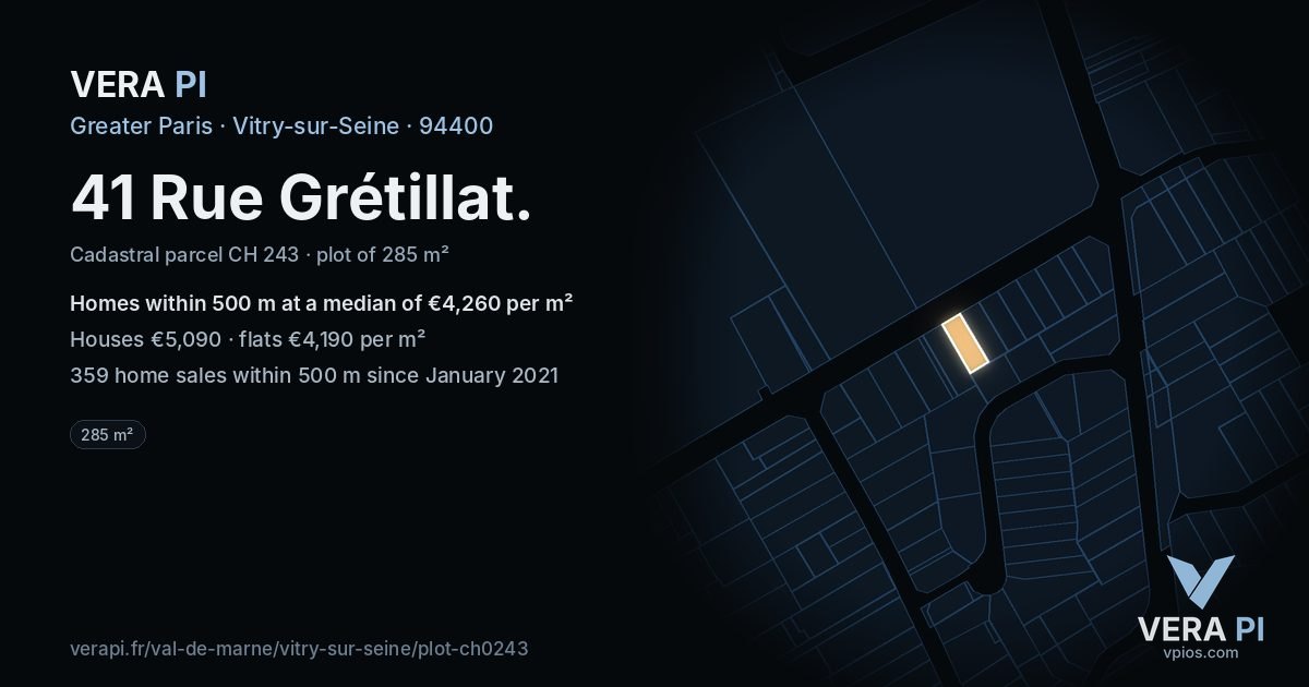 41 Rue Grétillat, Vitry-sur-Seine at night – the plot lit, the parcels around coloured by the prices near them