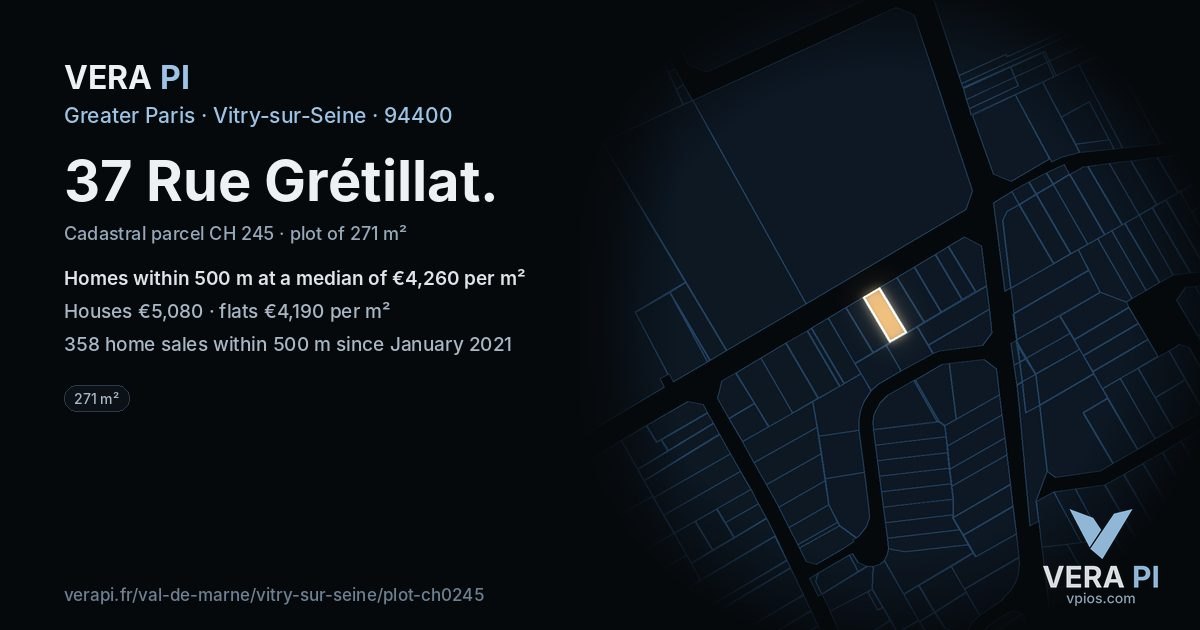 37 Rue Grétillat, Vitry-sur-Seine at night – the plot lit, the parcels around coloured by the prices near them