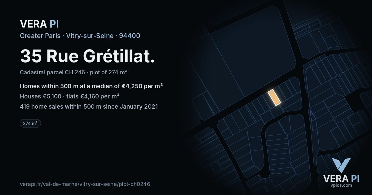 35 Rue Grétillat, Vitry-sur-Seine at night – the plot lit, the parcels around coloured by the prices near them