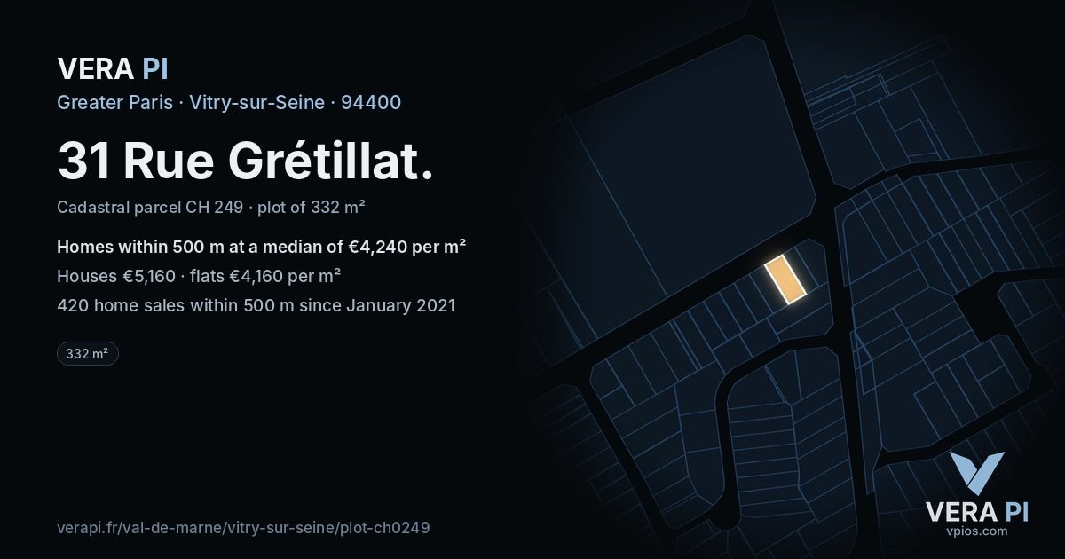 31 Rue Grétillat, Vitry-sur-Seine at night – the plot lit, the parcels around coloured by the prices near them