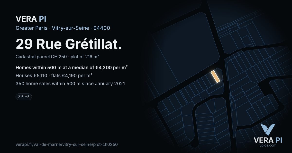 29 Rue Grétillat, Vitry-sur-Seine at night – the plot lit, the parcels around coloured by the prices near them