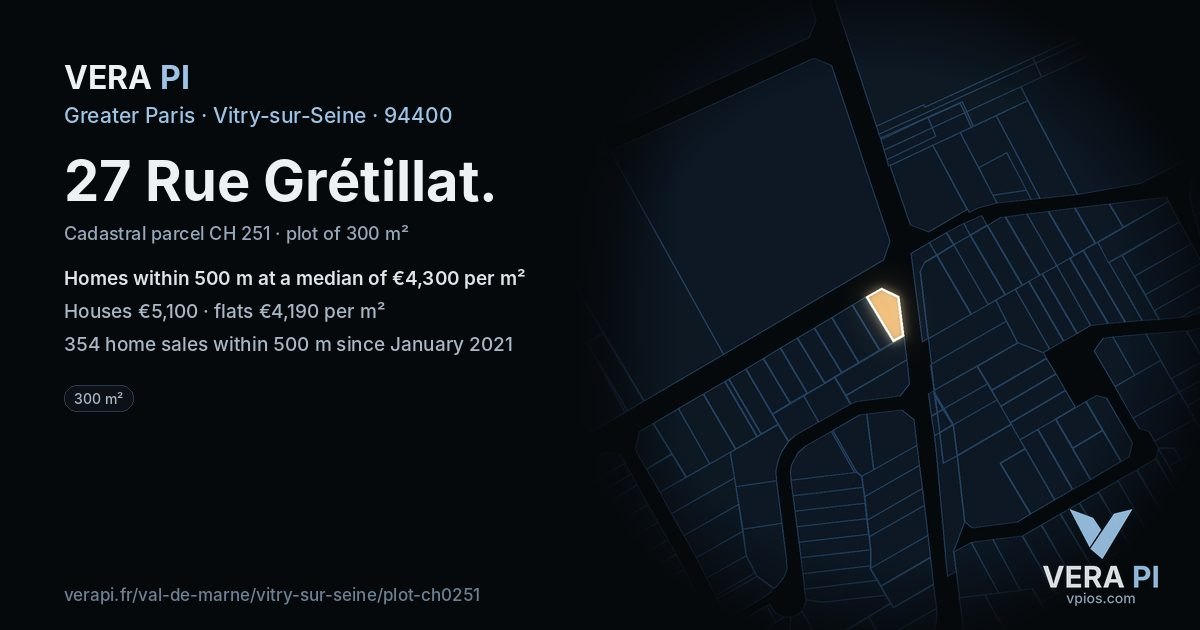 27 Rue Grétillat, Vitry-sur-Seine at night – the plot lit, the parcels around coloured by the prices near them