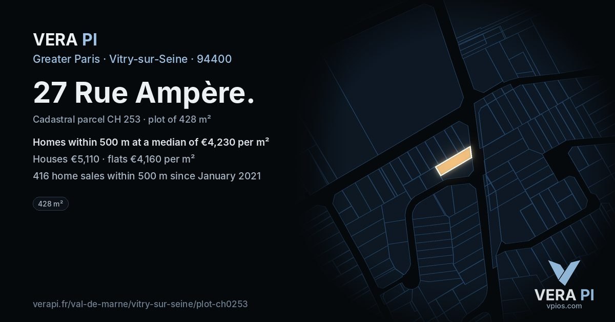 27 Rue Ampère, Vitry-sur-Seine at night – the plot lit, the parcels around coloured by the prices near them