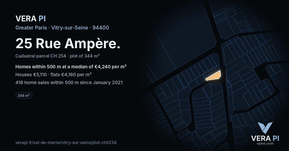 25 Rue Ampère, Vitry-sur-Seine at night – the plot lit, the parcels around coloured by the prices near them